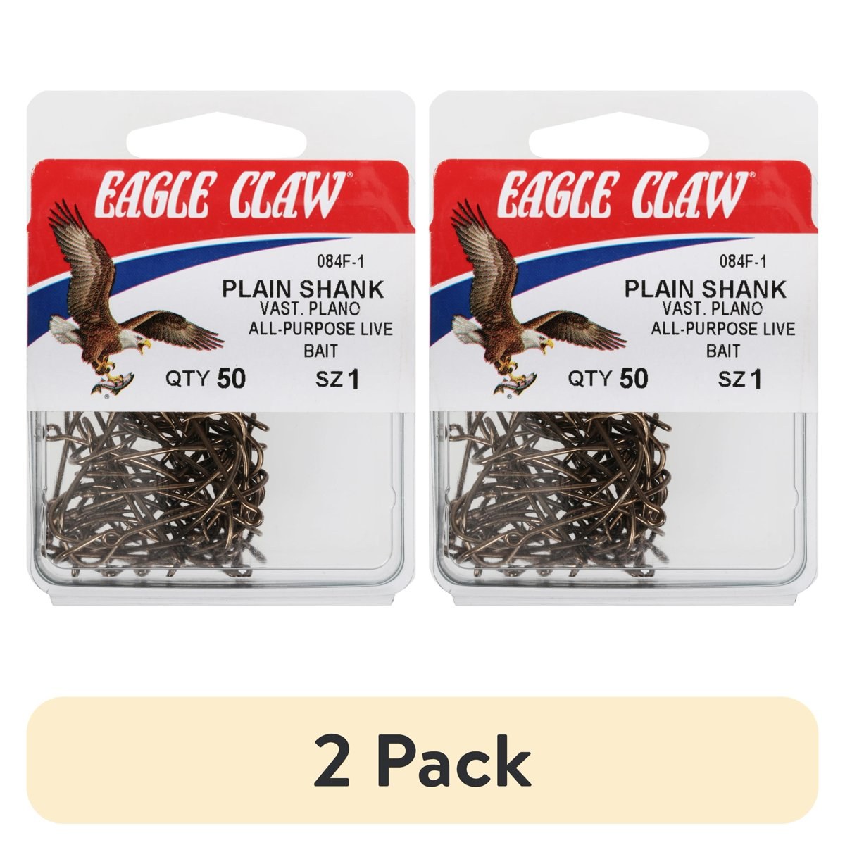 (2 pack) Eagle Claw Plain Shank Size 1 Fishing Hooks 50 Count Pack