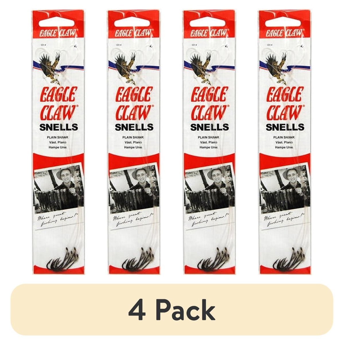 (4 pack) Eagle Claw 031H-8 Plain Shank Snell Fish Hook, Size 8