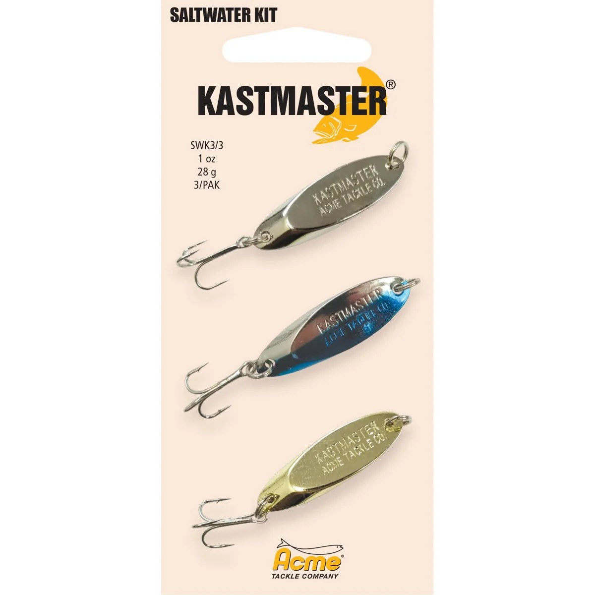Acme Tackle Kastmaster Fishing Spoon Spoon Kit 1 oz. Chrome, Chrome Neon Blue, Gold 3 Pack