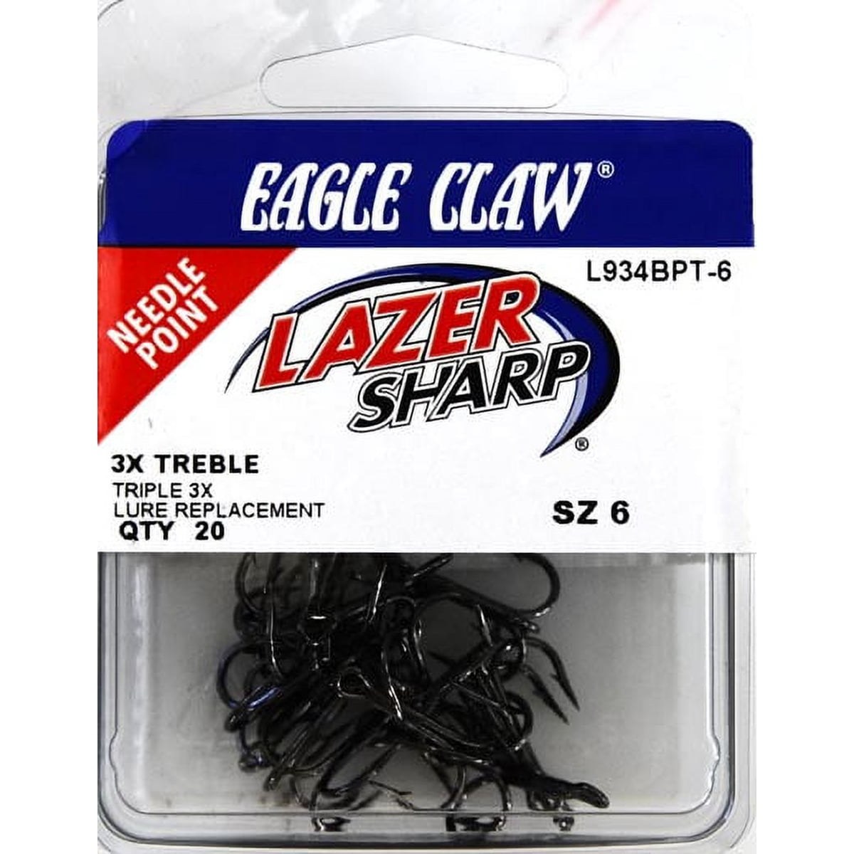 Eagle Claw Lazer Sharp 3X Treble Regular Shank Round Bend Fishing Hooks, Black, Size 6, (20 Pack)