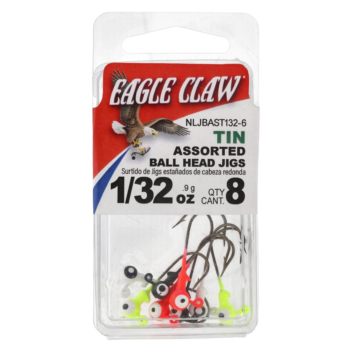 Eagle Claw Tin Ball Head Jig Assortment - Double Eye 8 Pack 1/32 oz - White-Chartreuse-Black-Pink