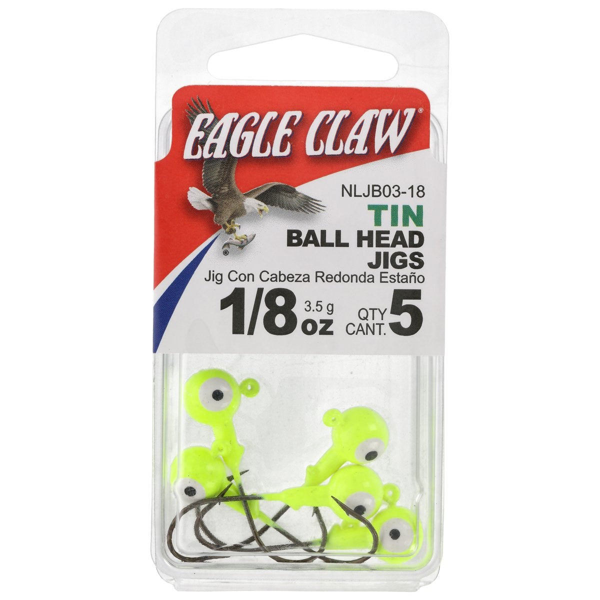 Eagle Claw Tin Ball Head Jig - Double eye - 5 pack - 1/8 oz - Chartreuse