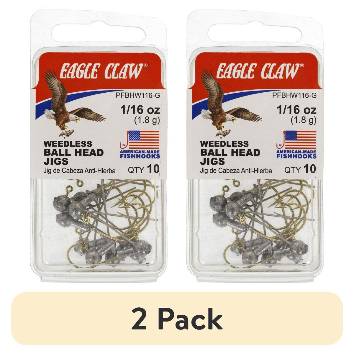 (2 pack) Eagle Claw Ball Head Fishing Jig, Gold Hook, 1/16 oz., 10 Count