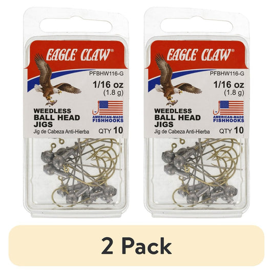 (2 pack) Eagle Claw Ball Head Fishing Jig, Gold Hook, 1/16 oz., 10 Count