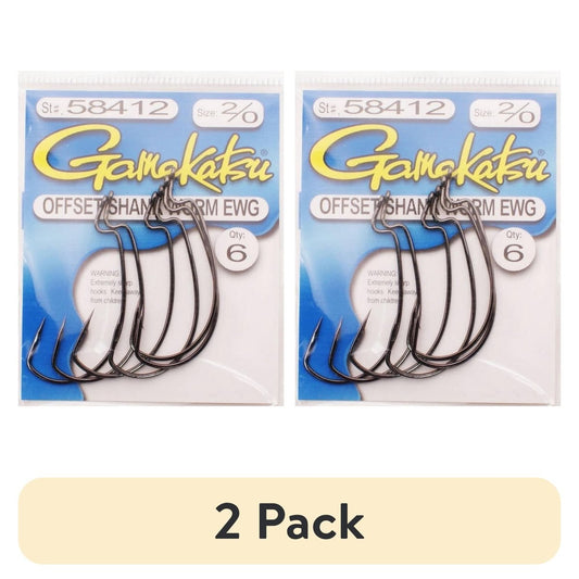 (2 pack) Gamakatsu Worm Offset EWG Hook in High Quality Carbon Steel, Size 2/0, NS Black, 6-Pack