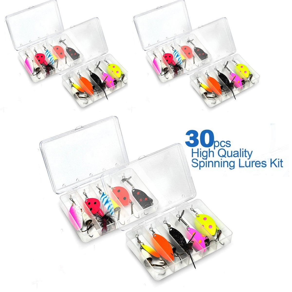 30PCS Spinnerbait Fishing Lures Set with 6 Tackle Boxes – UV Reflective Metal Blades for Bass, Trout, Salmon, and More – Freshwater & Saltwater Fishing Kit