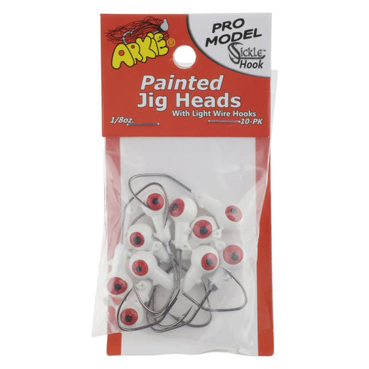 Arkie Lures Pro Model Sickle Hook Jig Head, Color White, Size 1/8 oz.