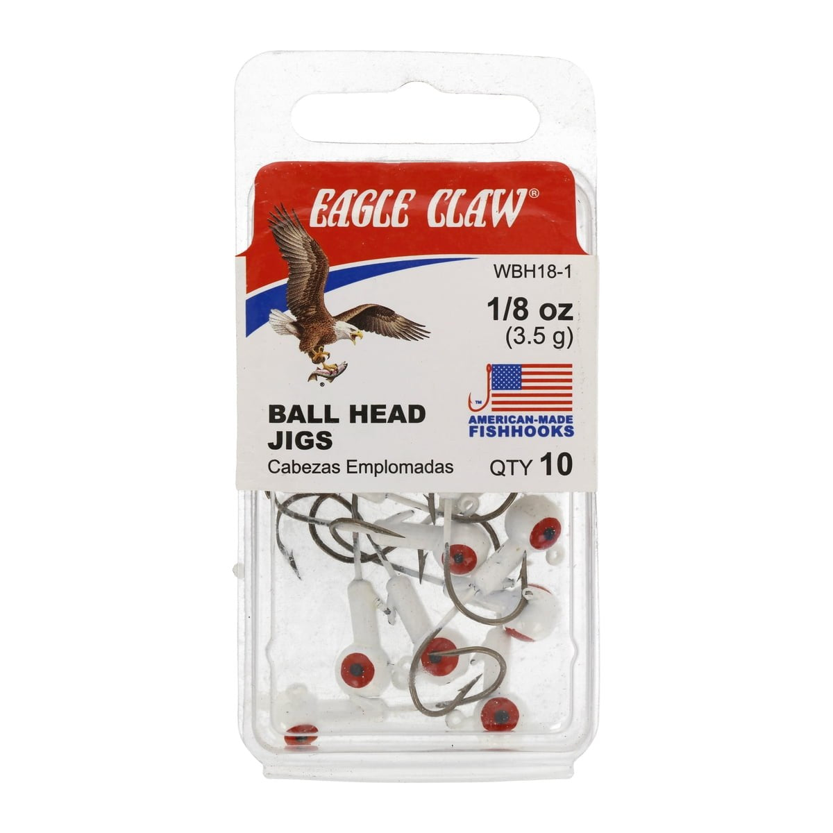 Eagle Claw Ball Head Fishing Jig, White with Red Eye, 1/8 oz., 10 Count
