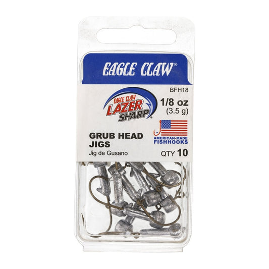 Eagle Claw Grub Jig Head Fishing Hook, Unpainted, 1/8 oz., BFH18