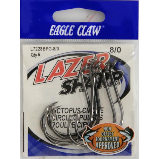 Eagle Claw Lazer Sharp Octopus Circle Up Eye Non-Offset Hook, Black, Size 8/0, 6 Pack
