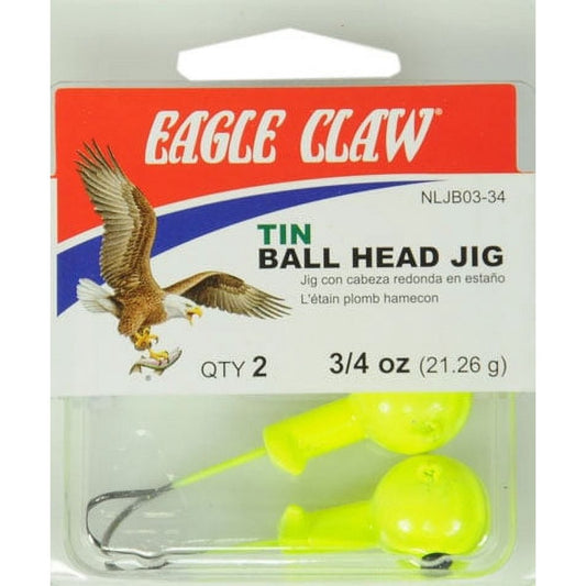 Eagle Claw Tin Ball Head Fishing Jig, Chartreuse, 3/4 oz., 2 Count