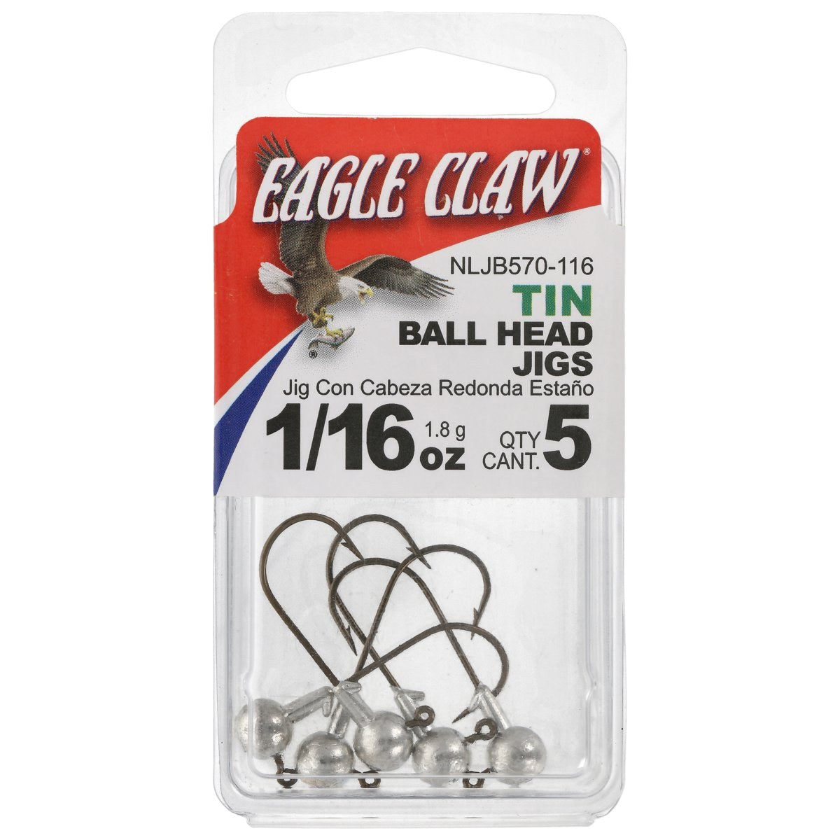 Eagle Claw Tin Ball Head Jig - 5 pack - 1/16 oz - Unpainted