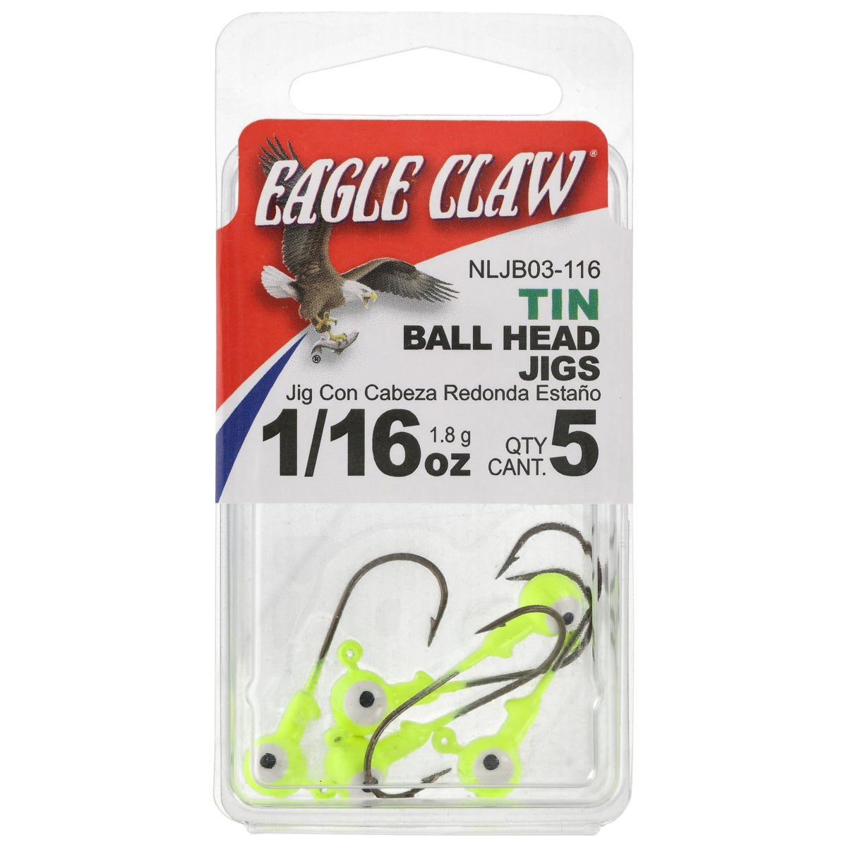 Eagle Claw Tin Ball Head Jig - Double eye - 5 pack - 1/16 oz - Chartreuse