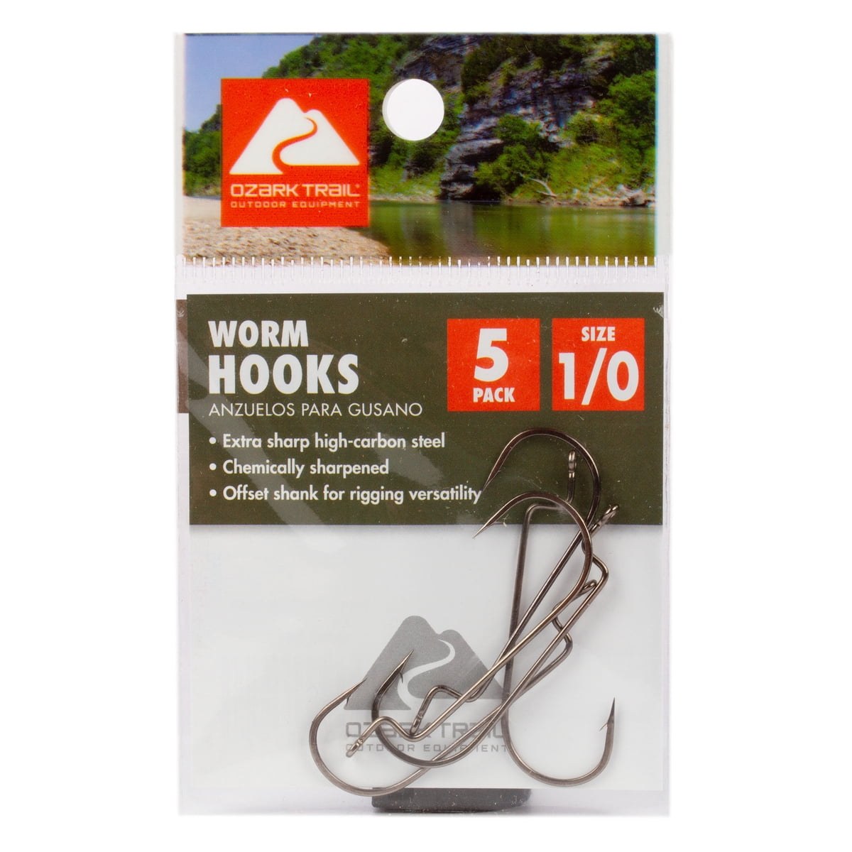 Ozark Trail 1/0 Offset Worm Fishing Hooks, 5 Pack, High-Carbon Steel