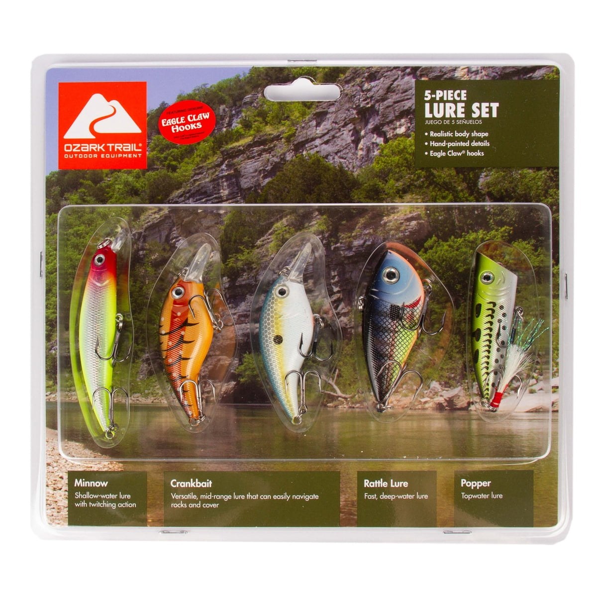 Ozark Trail 5-Piece Freshwater Hard Bait Fishing Lure Kit with Crankbaits & Popper