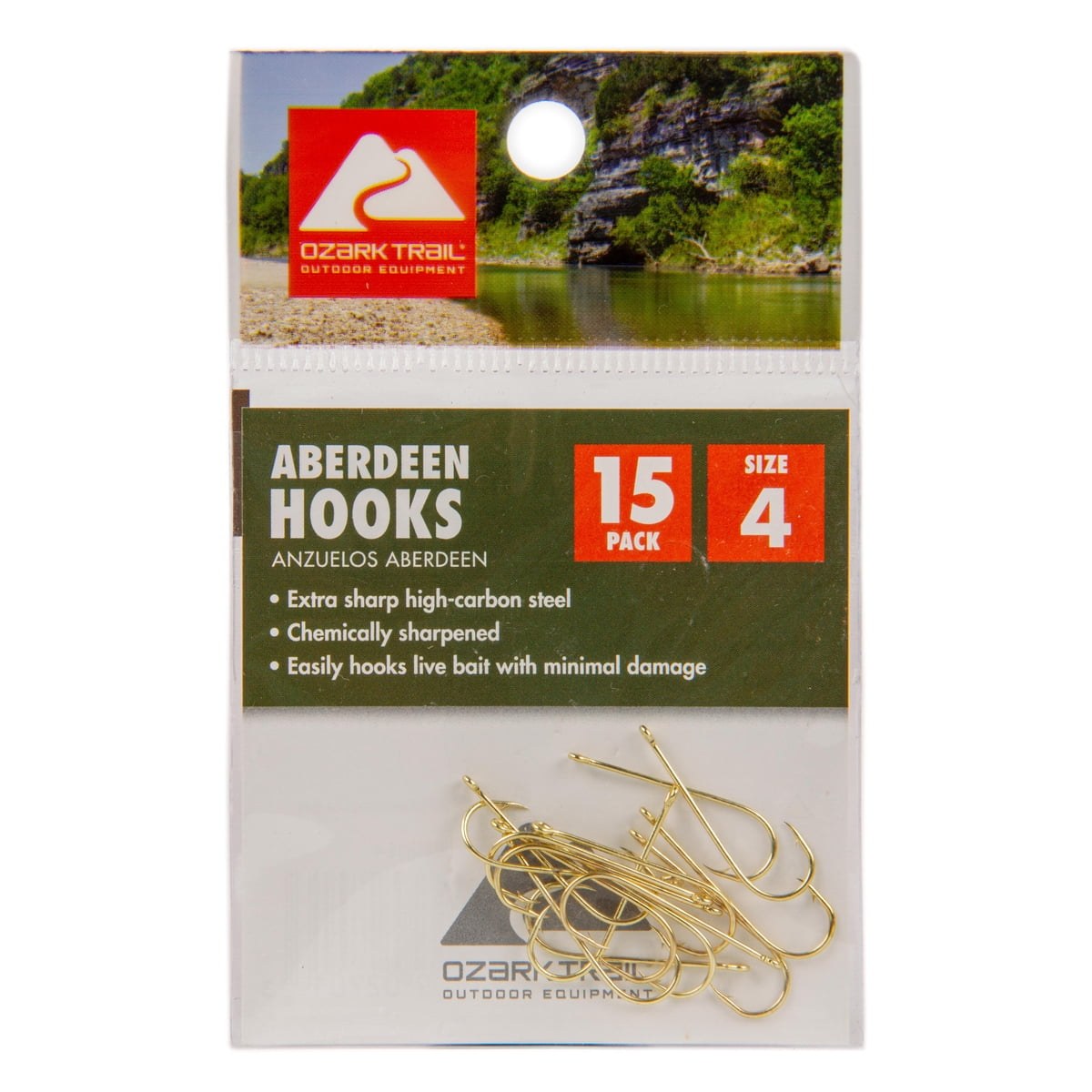 Ozark Trail Aberdeen Fishing Hooks, Size 4, Gold, High-Carbon Steel, 15-Pack