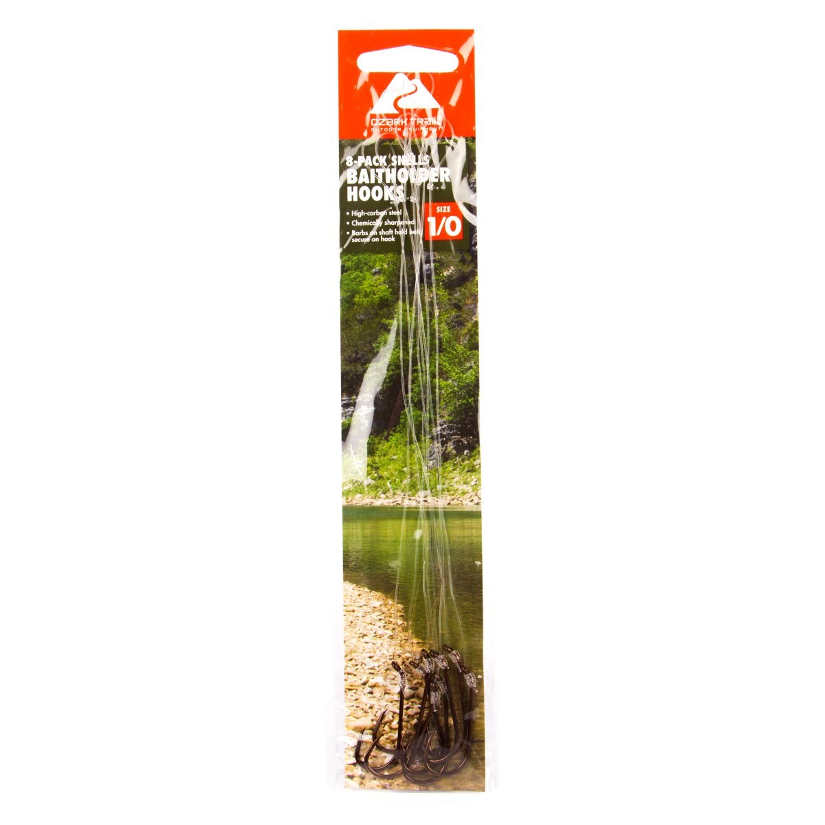 Ozark Trail Bronze Baitholder Snelled Fishing Hooks, Size 1/0, 8-Pack, Pre-Tied Monofilament Leaders for Freshwater Fishing