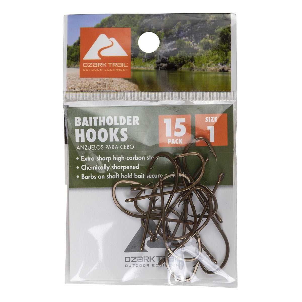 Ozark Trail Size 1 Baitholder Fishing Hooks, Bronze, Chemically Sharpened, High-Carbon Steel, 15-Pack
