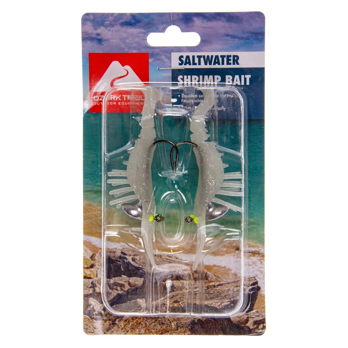 Ozark Trail Soft Plastic Saltwater Shrimp Fishing Lures, Silver Speckled, 2-Pack