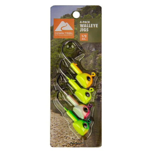 Ozark Trail Walleye Fishing Jig Heads, 1/2 oz, Vibrant Assorted Colors, 4-Pack