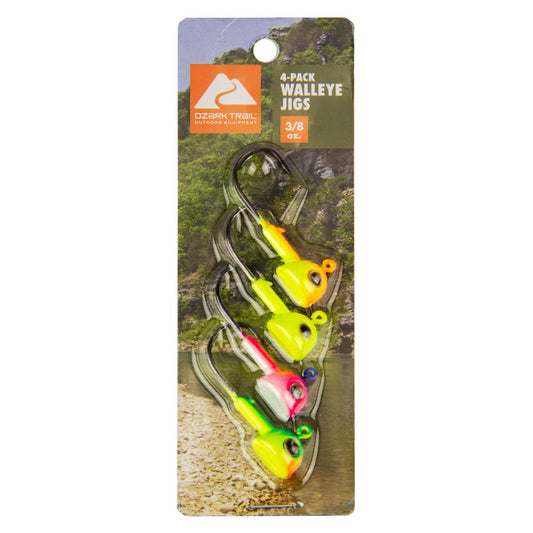 Ozark Trail Walleye Fishing Jig Heads, 3/8 oz, Vibrant Assorted Colors, 4-Pack