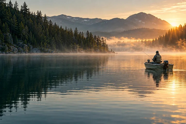 A small fishing boat on a freshwater lake